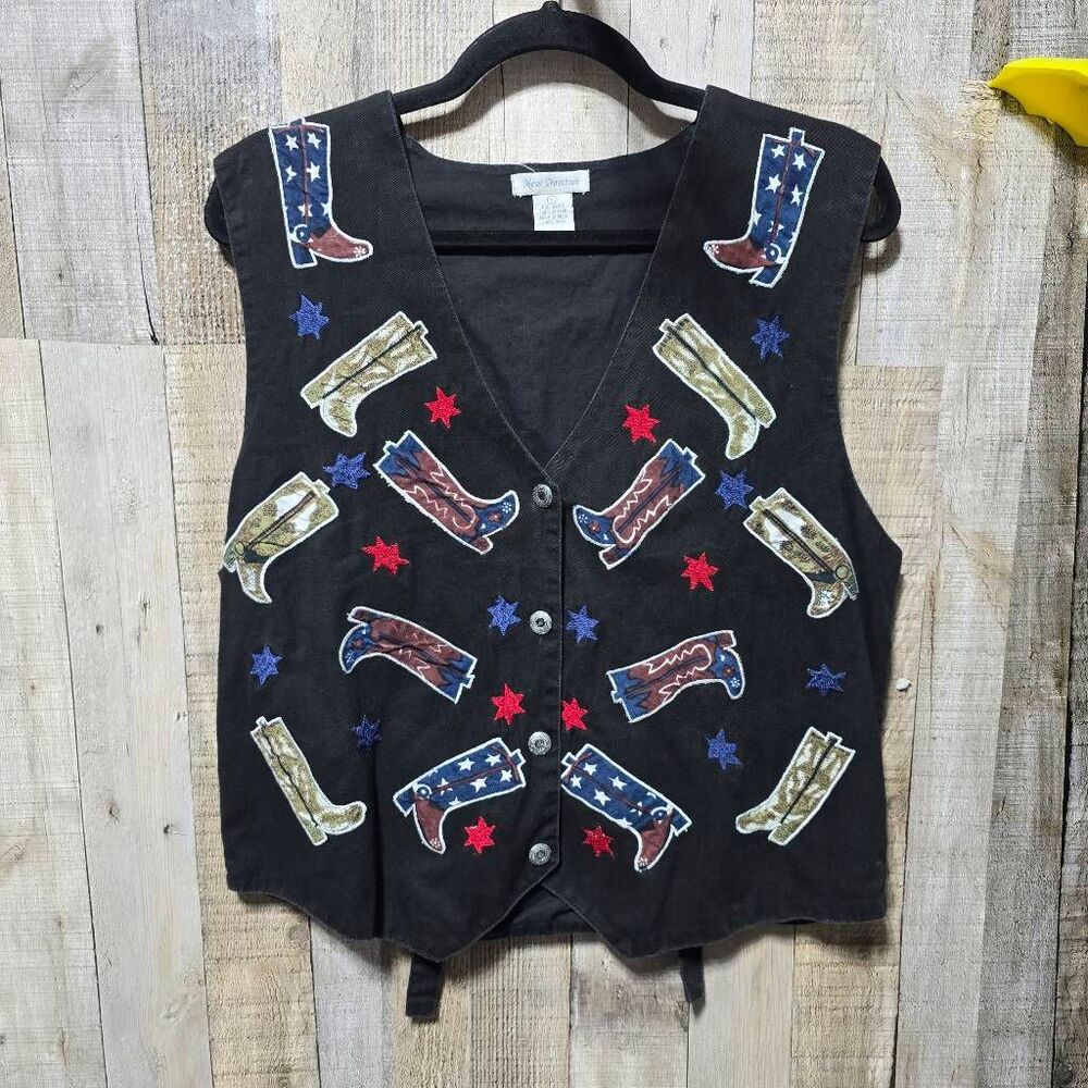 New Direction Vintage 90s Black Cowboy Boot Patchwork Vest Large Western America